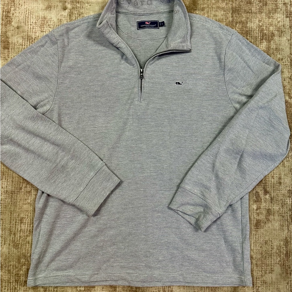 Vineyard Vines Gray Striped Quarter Zip with whale logo.
